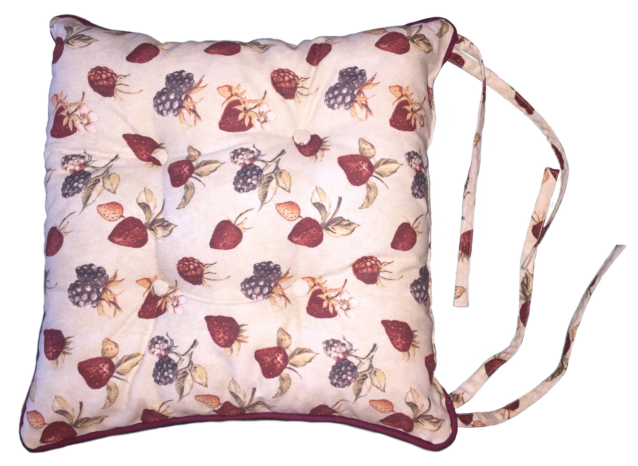 Seat cushion with buttons and straps.