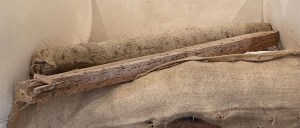 Close up of shattered wood and coir roll.