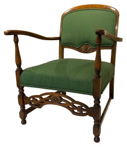 The finished chair from a front corner