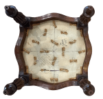 Underside of stool with button anchors and signature of original maker
