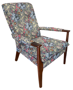 The finished chair from a front corner